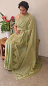 Sage green mal chanderi applique saree - MLK9 - G3
