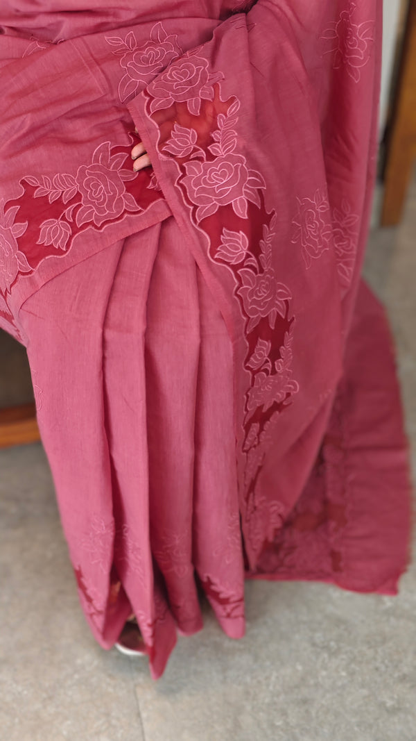 Maroon mal chanderi saree with applique - MLK9 - GA