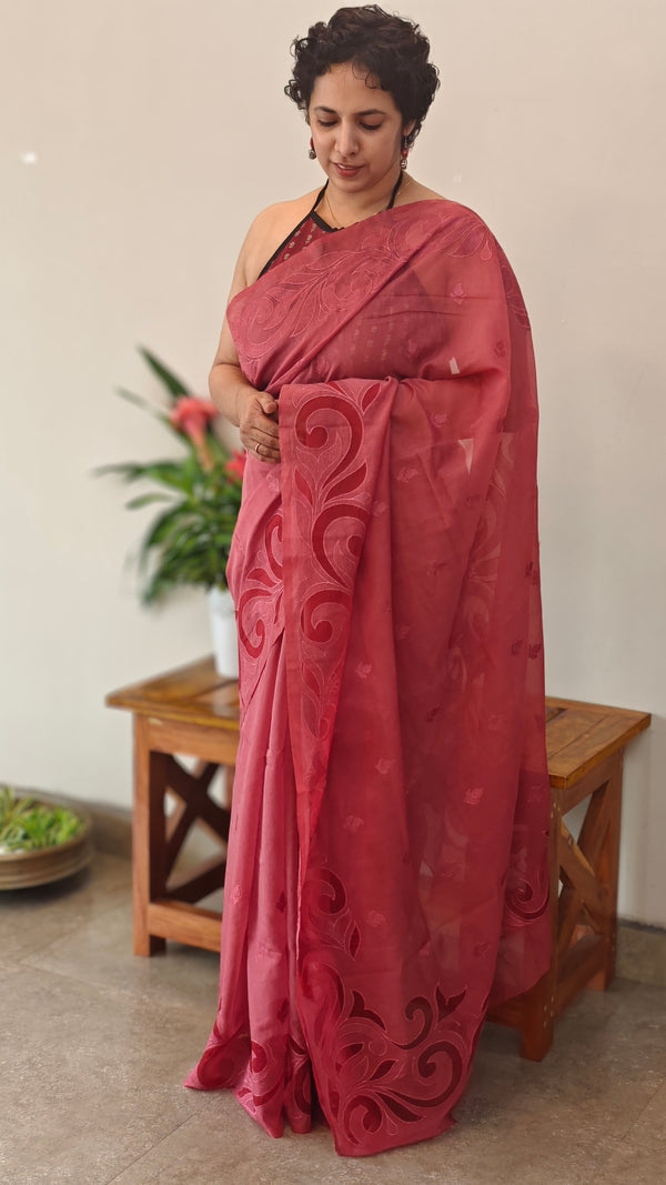 Maroon mal chanderi applique saree - MLK9 - GB