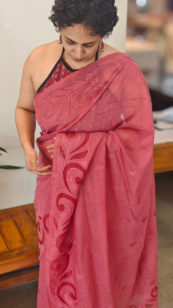 Maroon mal chanderi applique saree - MLK9 - GB