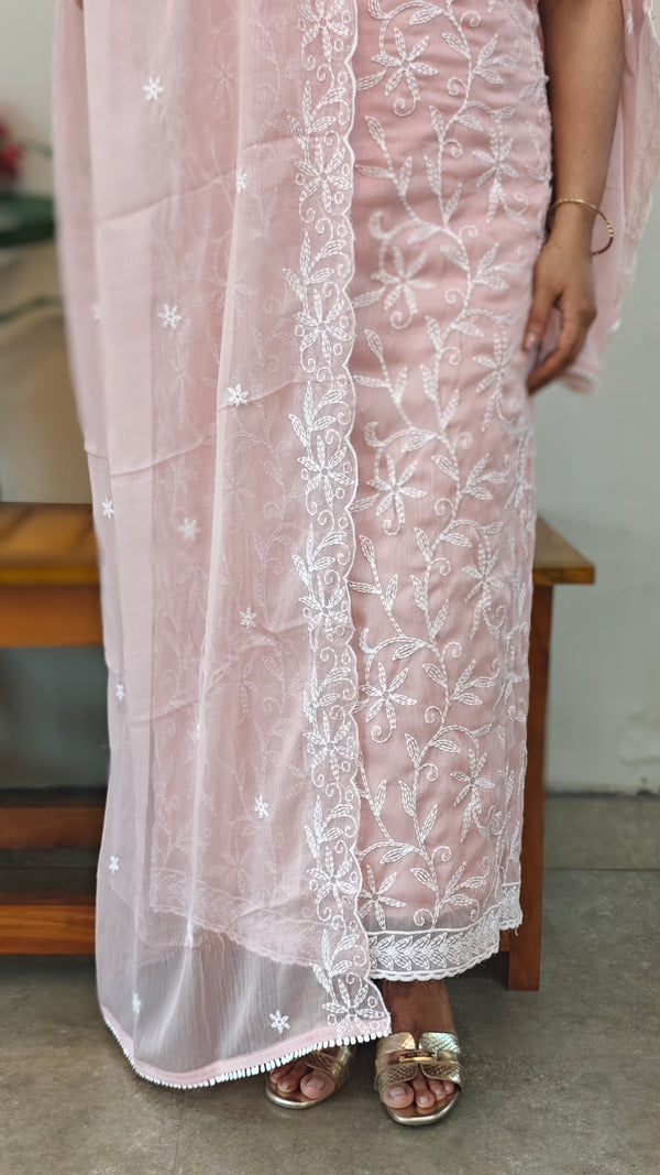 Pastel Peach crepe georgette embroidered suit - ECK3