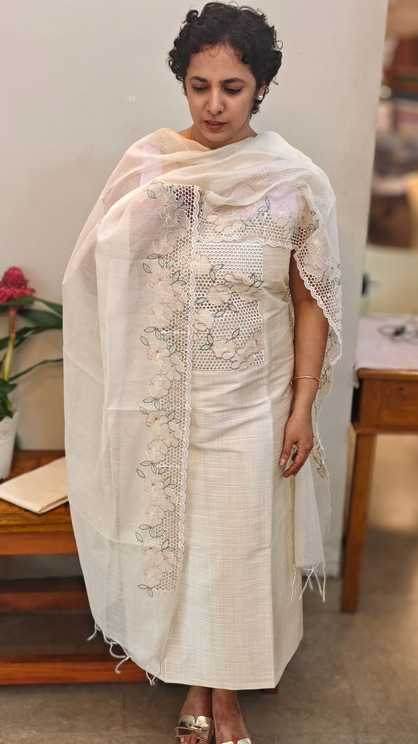 Off white Cotton silk cutwork suit