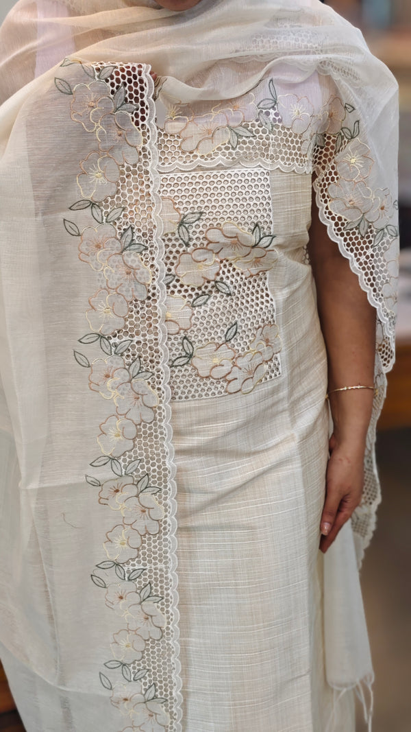 Off white Cotton silk cutwork suit