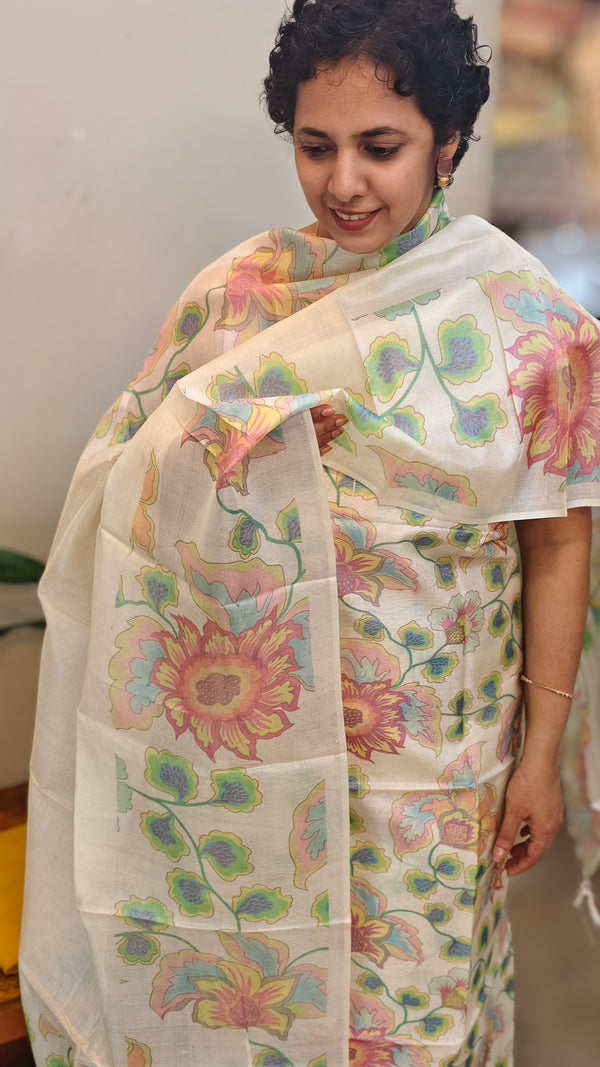 Off white printed tussar silk suit - M1
