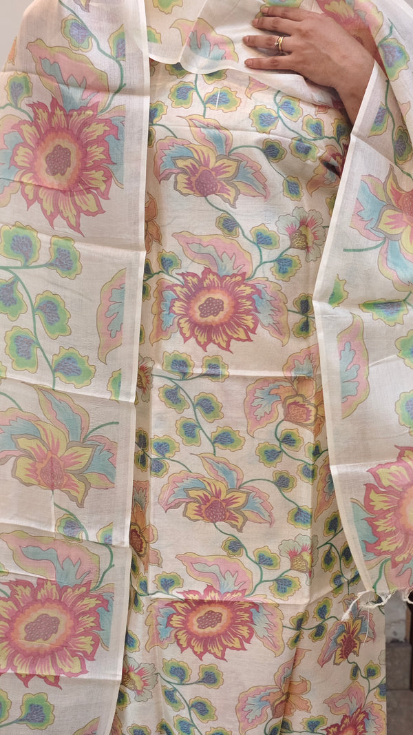 Off white printed tussar silk suit - M1