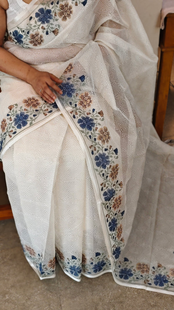 Off white and Blue Tepchi kota saree