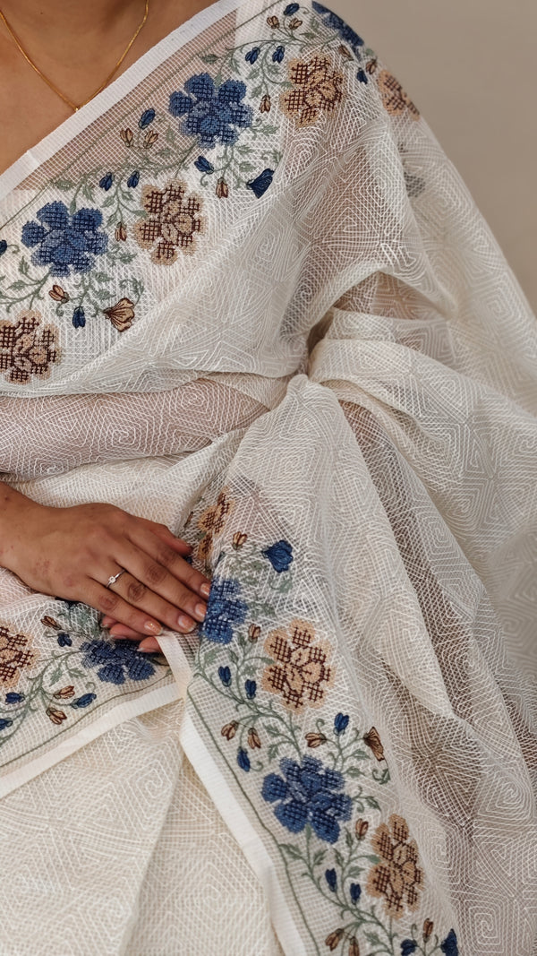Off white and Blue Tepchi kota saree