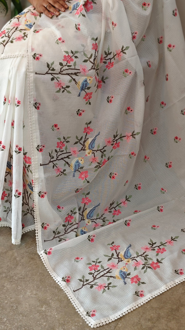 Pearl white embroiderednet kota saree