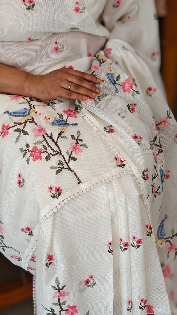 Pearl white embroiderednet kota saree