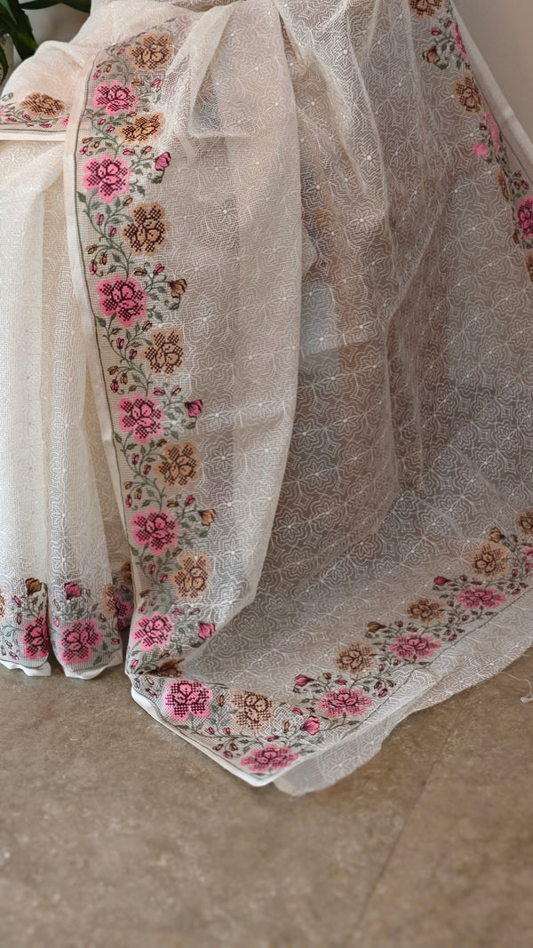 Off whiteand Pink Tepchi kota saree