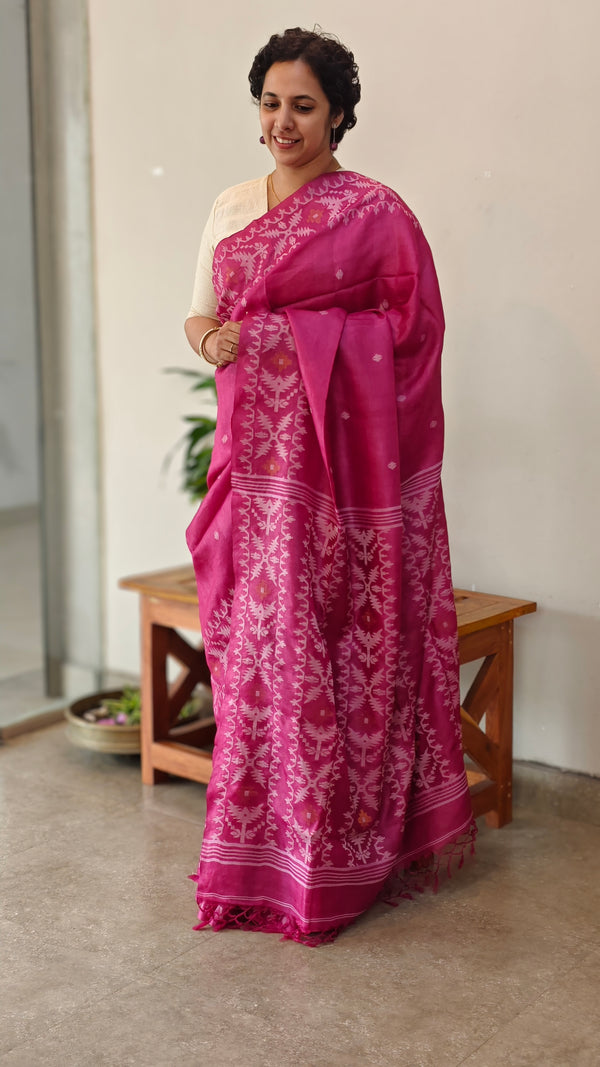 Dark pink tussar jamdani saree - ZE38