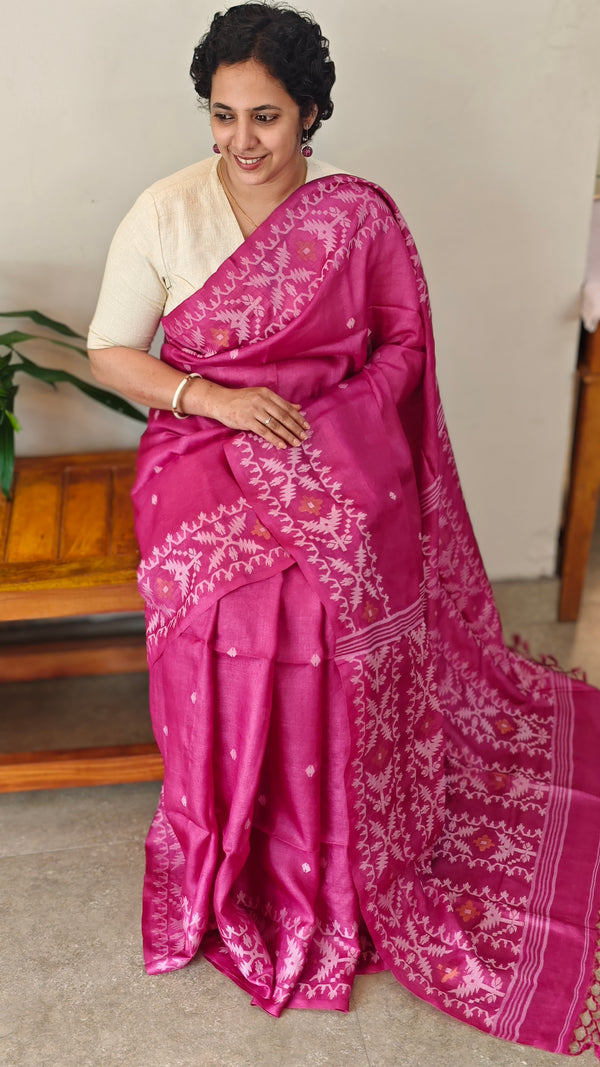 Dark pink tussar jamdani saree - ZE38