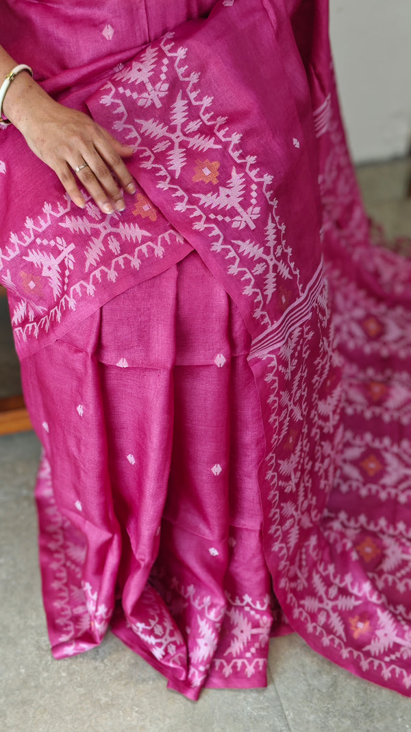 Dark pink tussar jamdani saree - ZE38