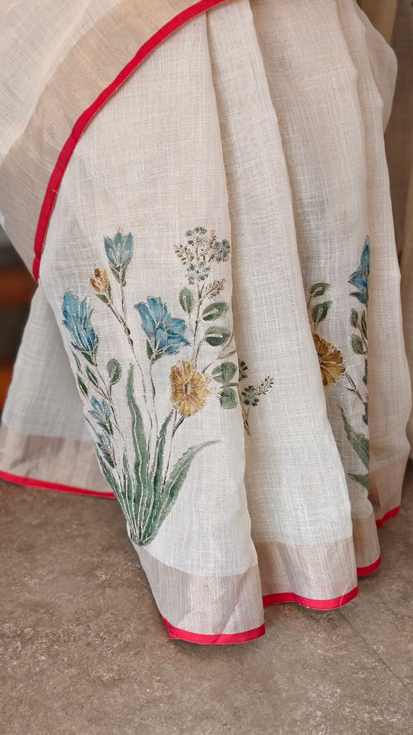 Off white base linen tissue saree - Hand painted - Blue and mustard flowers - 6DE3