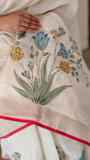 Off white base linen tissue saree - Hand painted - Blue and mustard flowers - 6DE3