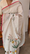 Cream base linen tissue saree - Hand painted - Peach and mustard floral - 6DE3