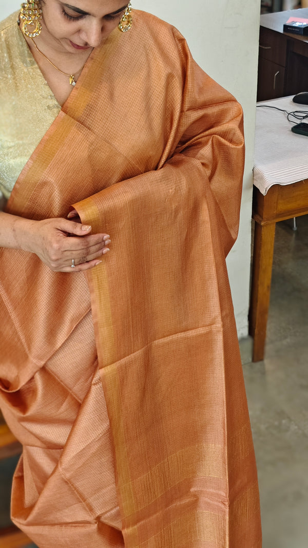 Rust brown zari check tussar silk saree - 4K32