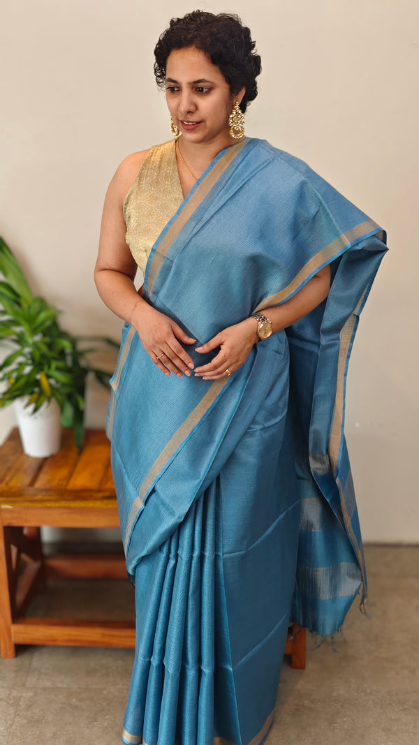 Ocean blue zari check tussar silk saree - 4K32