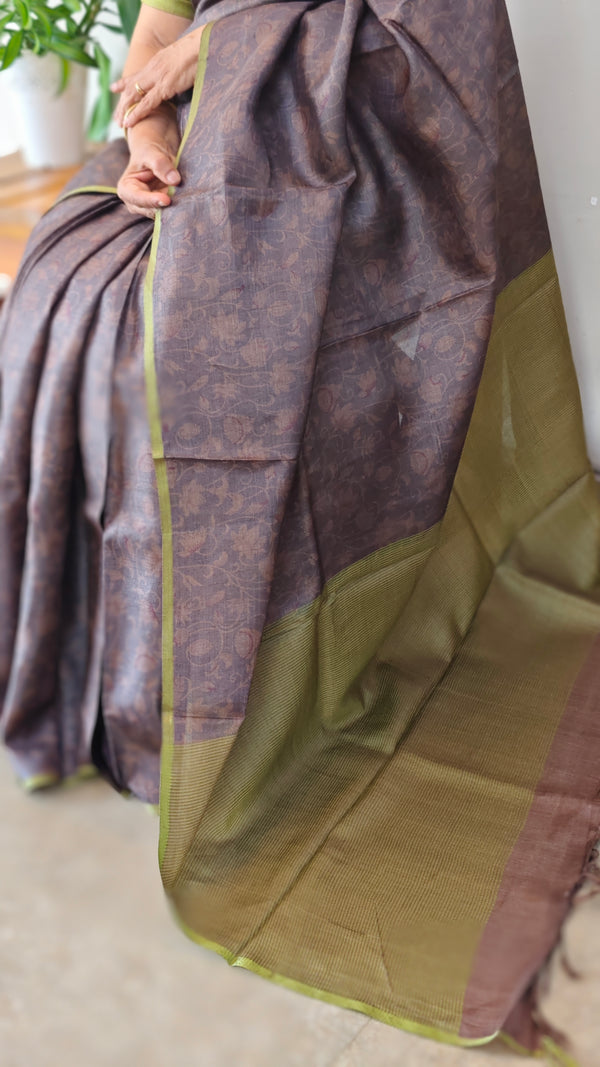 Dark brown and violet printed tussar silk saree - P1101