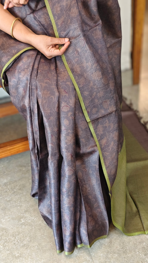 Dark brown and violet printed tussar silk saree - P1101
