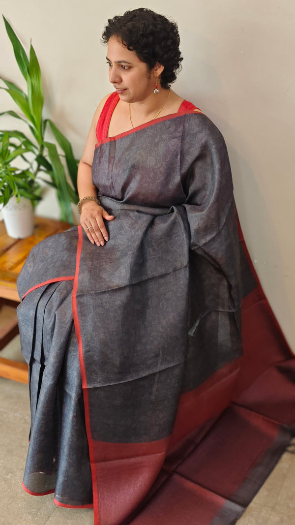 Dark grey and brick red printed tussar silk saree - P1101