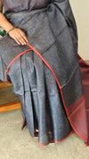 Dark grey and brick red printed tussar silk saree - P1101