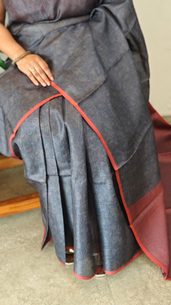 Dark grey and brick red printed tussar silk saree - P1101