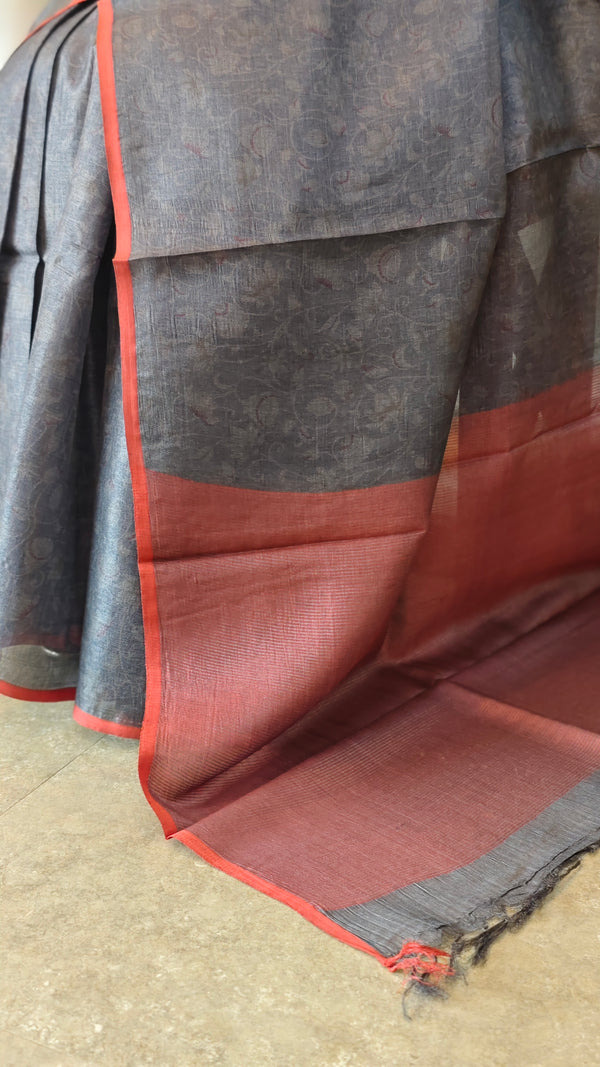Dark grey and brick red printed tussar silk saree - P1101