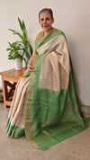 Beige and green checked tussar silk saree - MA31