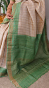 Beige and green checked tussar silk saree - MA31