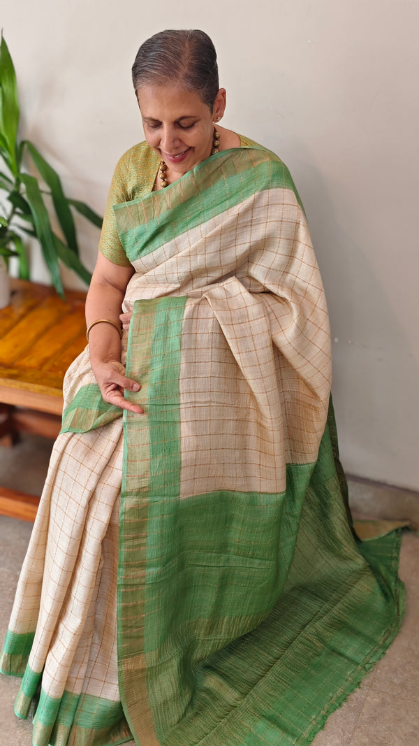Beige and green checked tussar silk saree - MA31