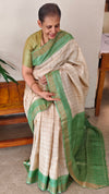 Beige and green checked tussar silk saree - MA31
