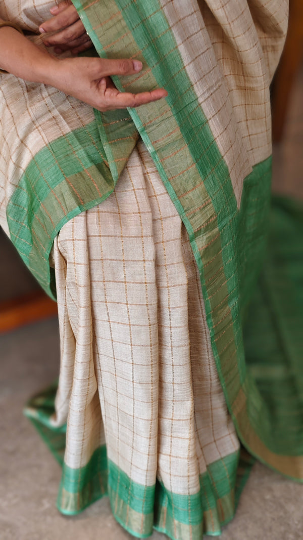 Beige and green checked tussar silk saree - MA31