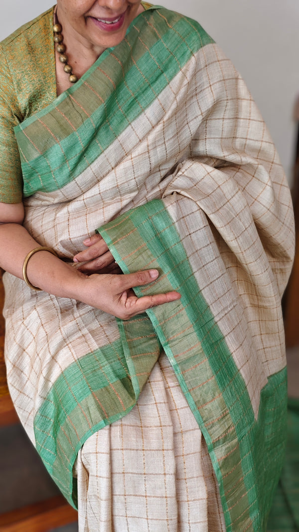 Beige and green checked tussar silk saree - MA31