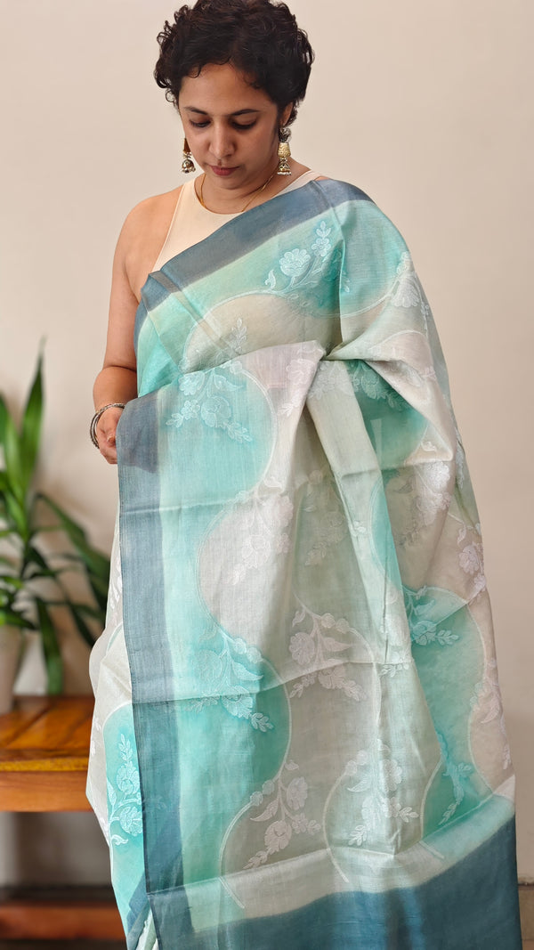 Aqua blue and ivory shaded tussar silk saree - G253