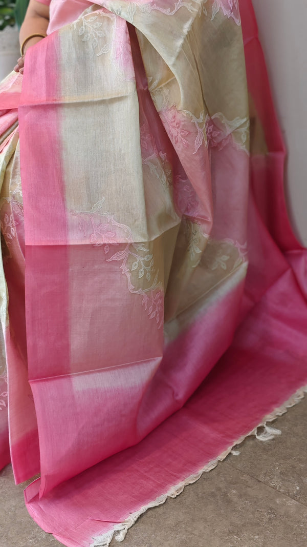 Pink andbeige tussar shadedsilk saree - G253