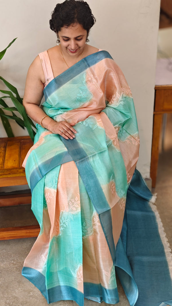Aqua Blue and Peach shaded tussar silk saree - G253