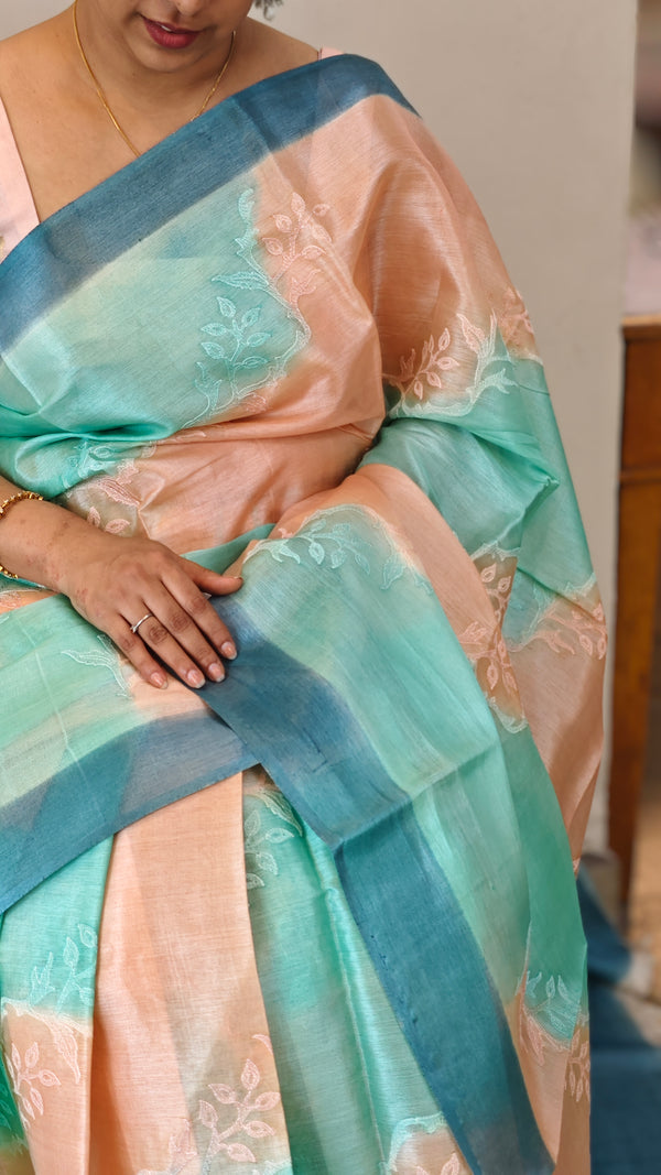 Aqua Blue and Peach shaded tussar silk saree - G253