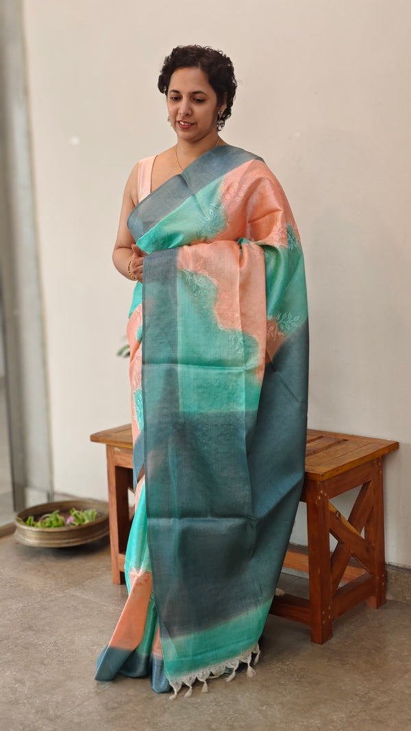 Aqua Blue and Dark Peach shaded tussar silk saree - G253
