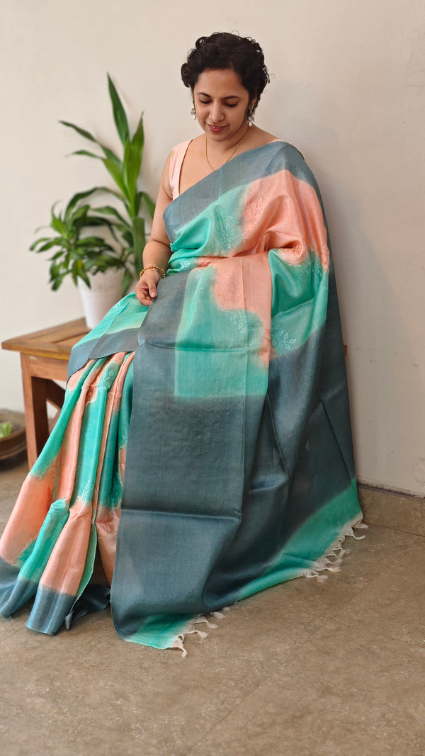 Aqua Blue and Dark Peach shaded tussar silk saree - G253