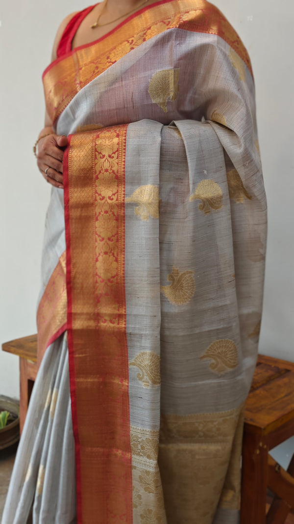 Grey and red tissue kota banarasi saree - CSF5