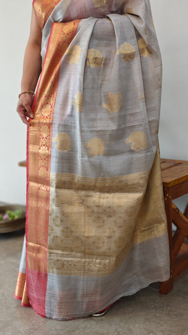 Grey and red tissue kota banarasi saree - CSF5