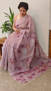 Mauve blended linen embroiderd saree