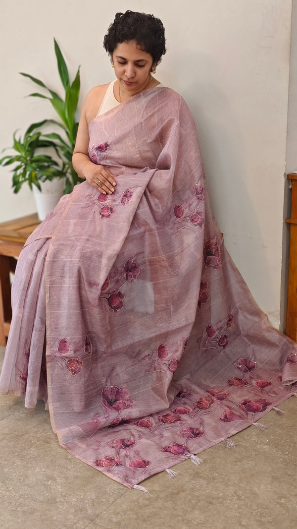 Mauve blended linen embroiderd saree