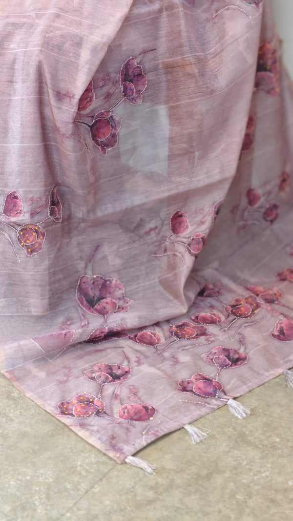 Mauve blended linen embroiderd saree