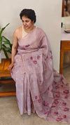 Mauve blended linen embroiderd saree