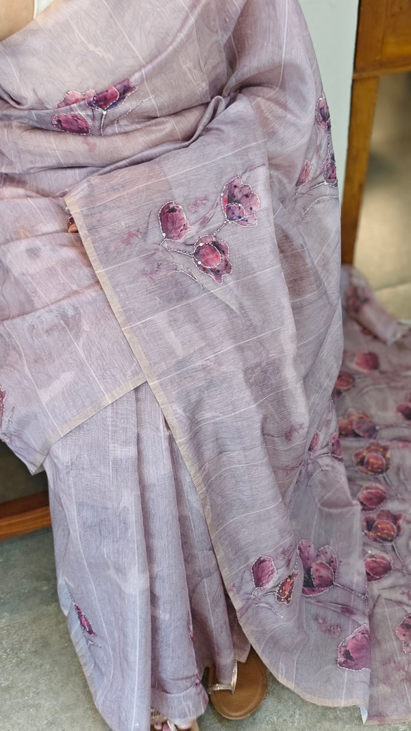 Mauve blended linen embroiderd saree