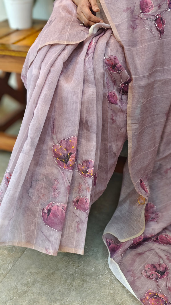 Mauve blended linen embroiderd saree