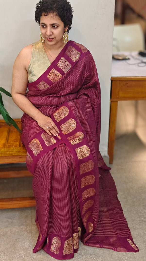 Wine Chinon silk banarasi saree