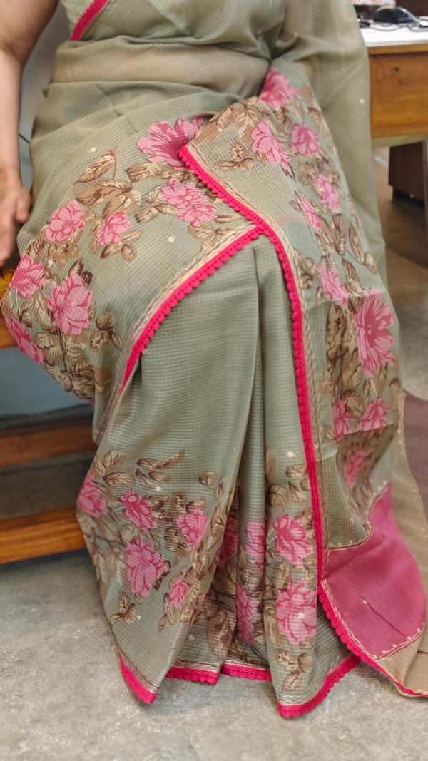 Olive green printed silky kota saree - D229